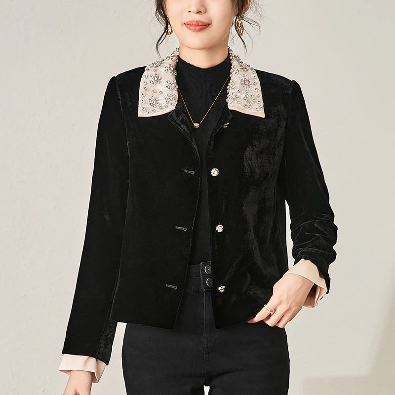 

Женская винтажная бархатная куртка, элегантная повседневная черная куртка с отложным воротником и длинным рукавом, со стразами, 30% шелк