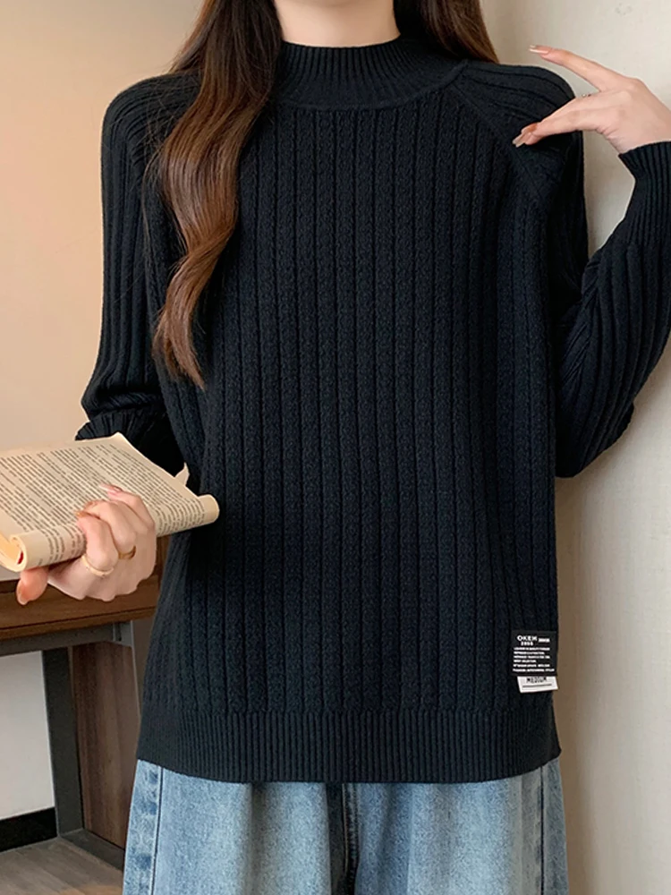 Plus Size Plus size women clothing Belly Covering Idle Sle Half-high Collar Knit Female Autumn and Winter Fat Sister Loose Sl...