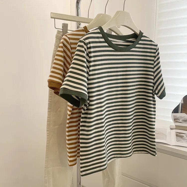 

2022 Women Summer O-Neck Striped T Shirts Short Sleeve High Quality Women Cotton Tees