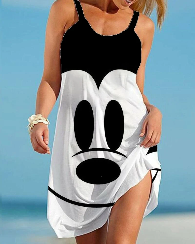 

2022 Disney Minnie Mickey Mouse Women Summer Beach Dress Sexy Cartoon Print Hem Loose Beach Dresse Summer Beach Holiday Sundress