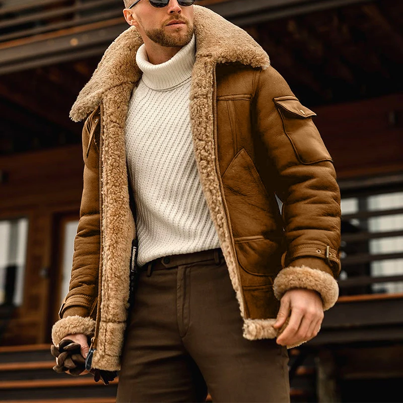 

Mens Jackets and Coats Retro Style Fur Collar Men Zipper Leather Motorcycle Jacket Fur Lined Warm Coat Winter Thicken Overcoat