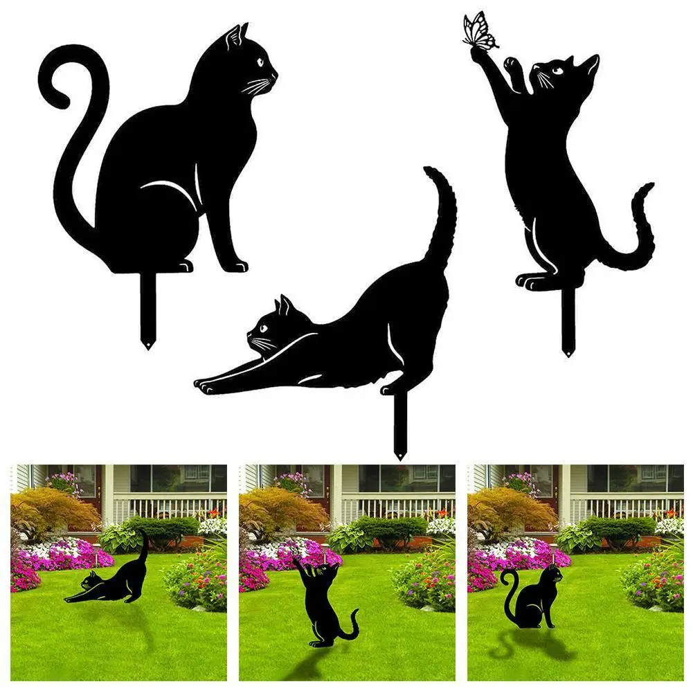 

Cat Shape Figure Ground Insert Decor Black Kitten Silhouette Stakes Metal Hollow Cat Shape Statue for Outdoor Decor Garden Decor