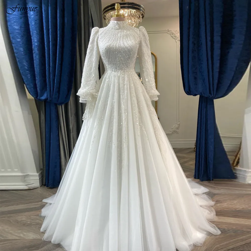Funyue Luxury Long Sleeves Muslim Wedding Dresses Lace Beaded Dubai Arabic Bridal Gowns For Women Bride Robe De Mariée 2024