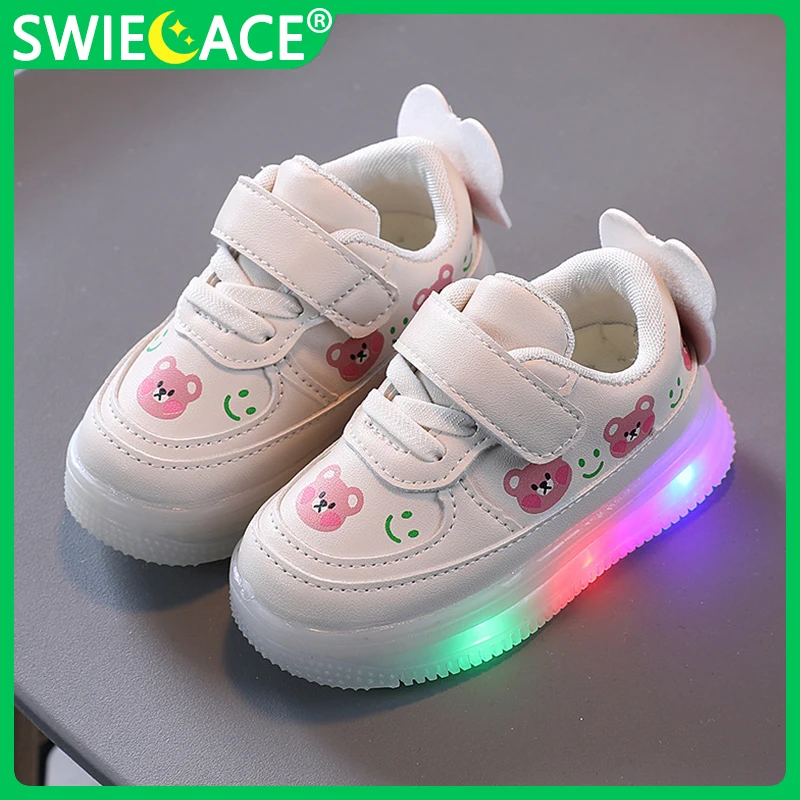 Детские светящиеся кроссовки повседневная обувь с принтом медведя для девочек