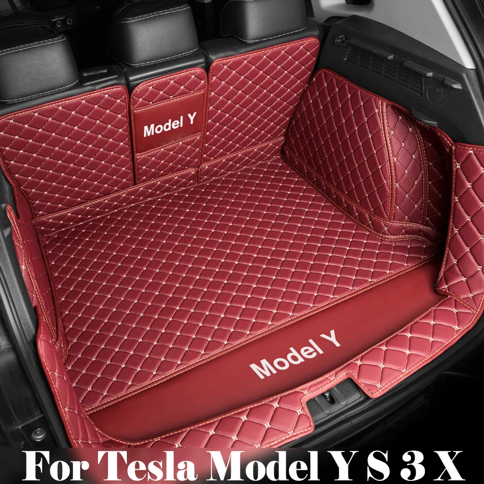 

Car Trunk Mats Leather Full Coverage Protective Fully Surrounded Waterproof Black Red for Tesla Model Y S X 3 2016 to 2021