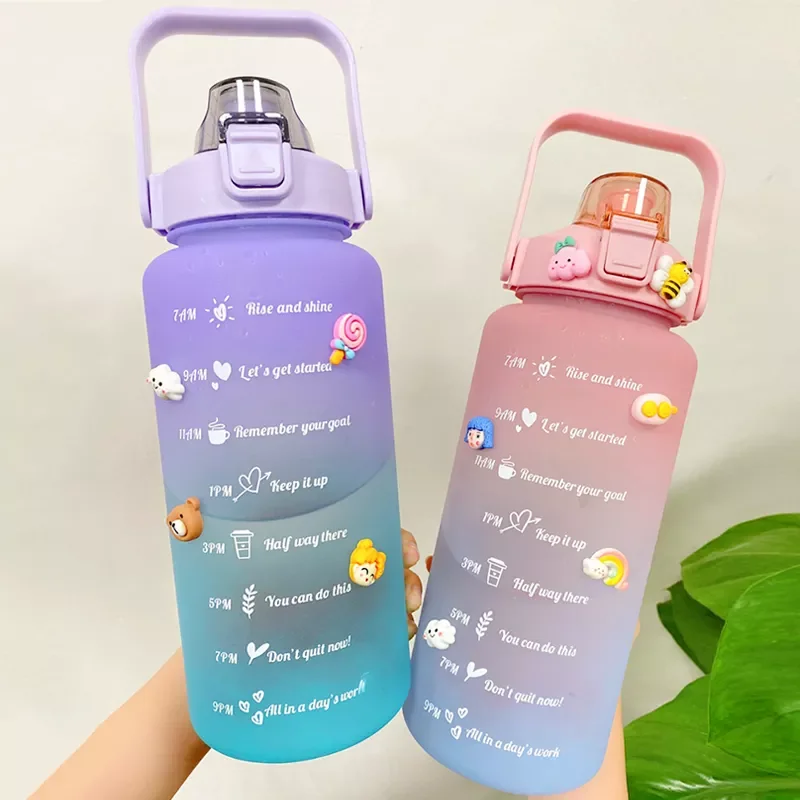 

2L Large Capacity Water Bottle With Bounce Cover Time Scale Reminder Frosted Cup With Cute Stickers For Outdoor Sports Fitness