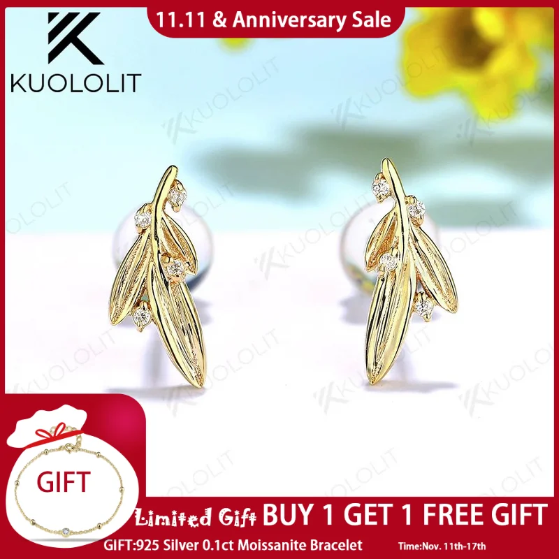 

Kuololit Lab Grown Diamond Solid 18K 14K Gold Round Stone Stud Earrings for Women Branch Shape Fine Jewelry Wedding Engagement