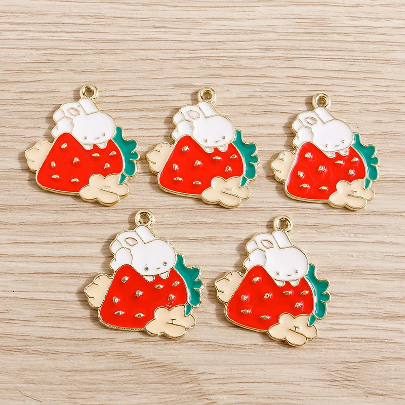 

10pcs 24x25mm Cartoon Animal Rabbit Charms Enamel Fruit Strawberry Charms Pendants for Jewelry Making DIY Earrings Necklace Gift