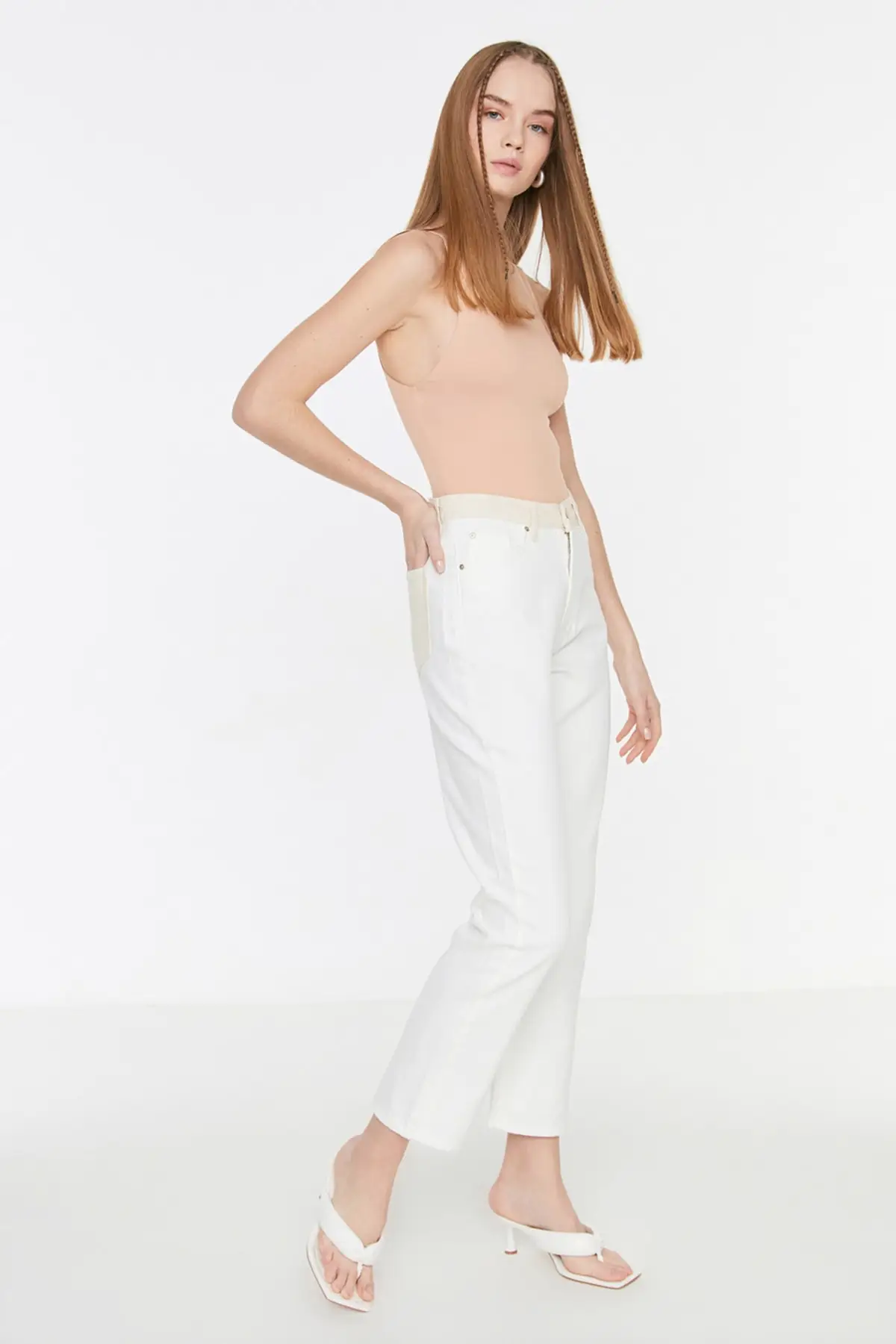 

Women's Jean White Color Block High Waist Straight Full Length Straight Pant Streetwear Female Buttons Zipper Ladies