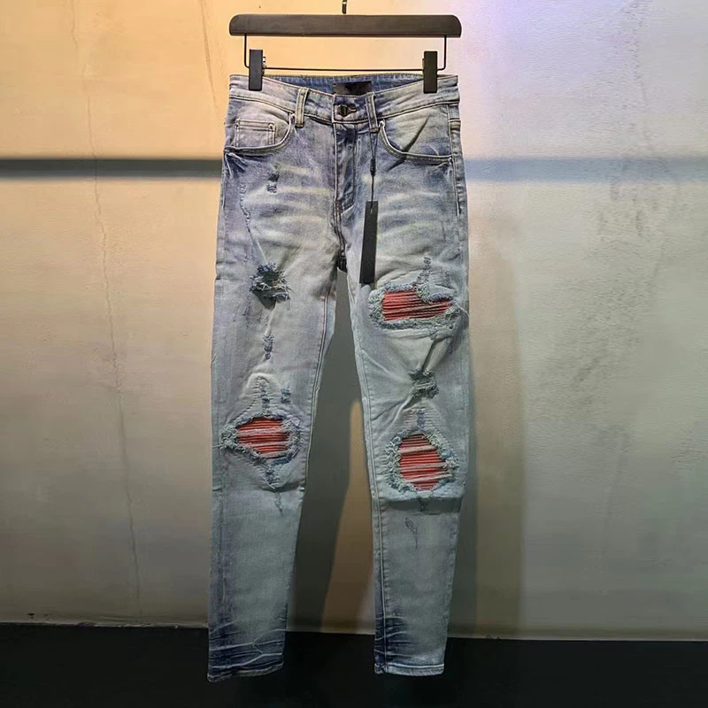 Брюки мужские рваные в стиле панк мотоциклетные джинсы хип-хоп - Цена: 4334.86