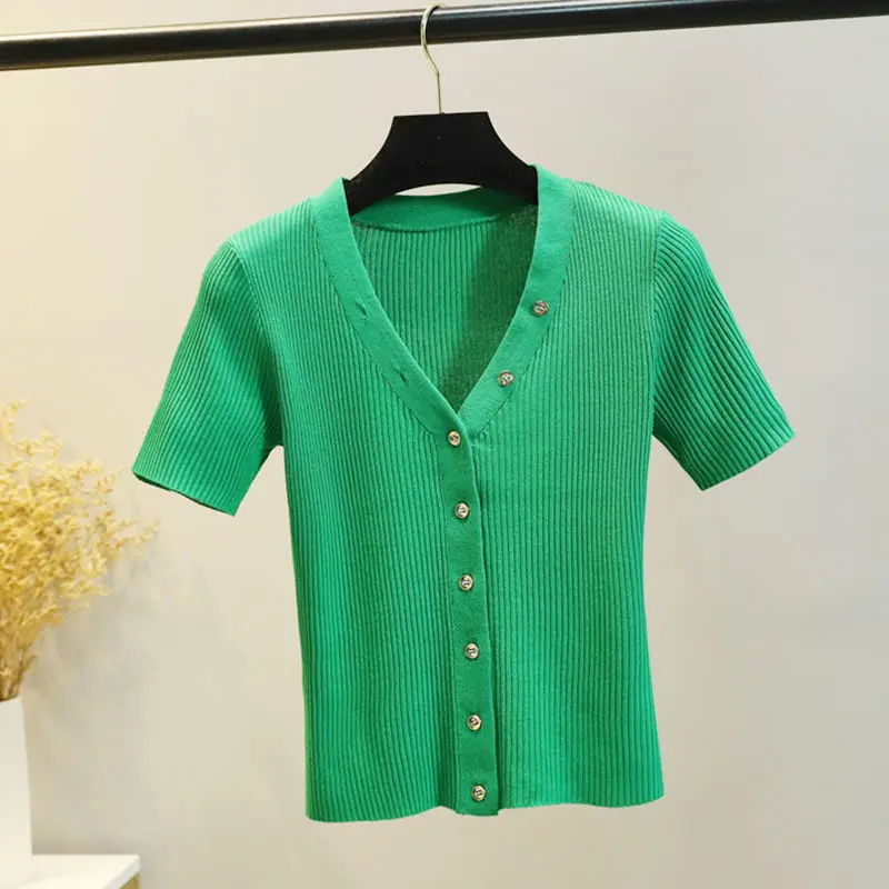 

Женская модная футболка 2022, рубашка с коротким рукавом и V-образным вырезом, корейский Повседневный зеленый облегающий кардиган на пуговица...