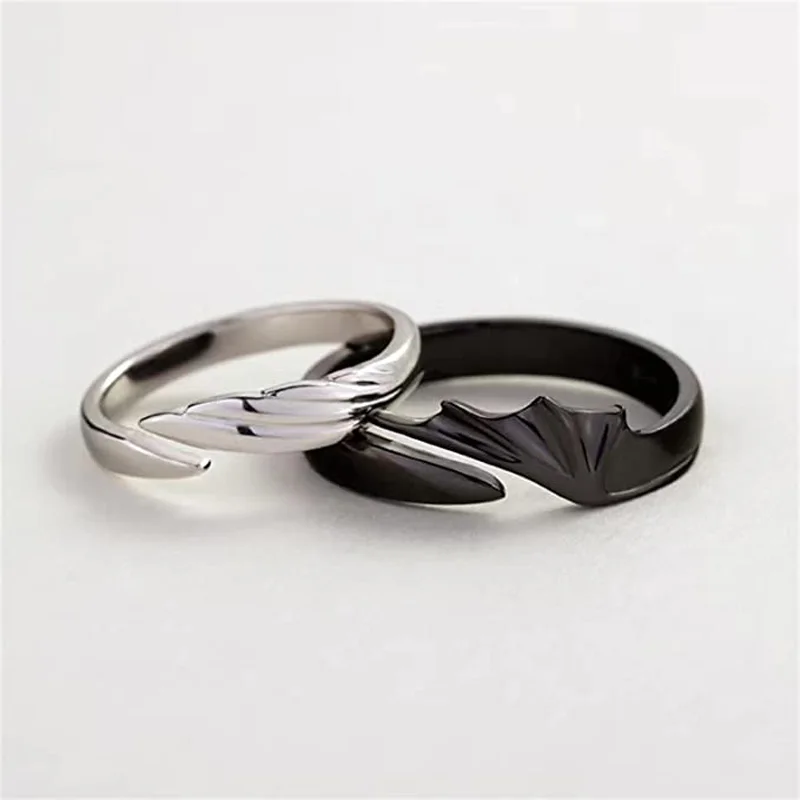 

2022 New Angel Devil Couple Rings For Wings Feather Adjustable Open Ring Valentine's Day Jewelry Gifts