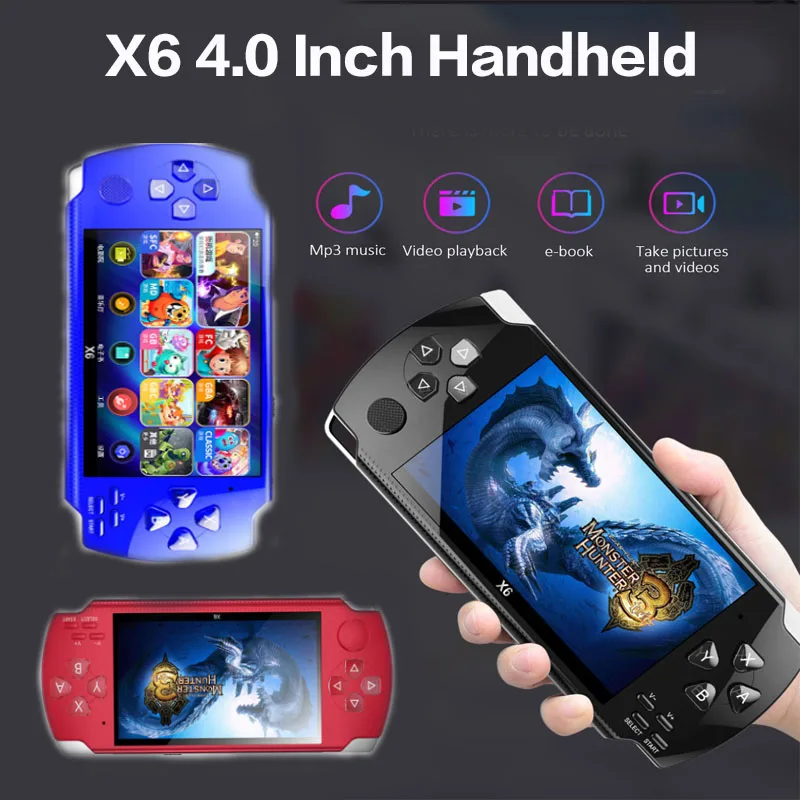 

Переносная игровая консоль X6, 4,0 дюйма, двойной джойстик, портативная игровая мини-консоль, 1500 встроенных классических бесплатных игр, подде...