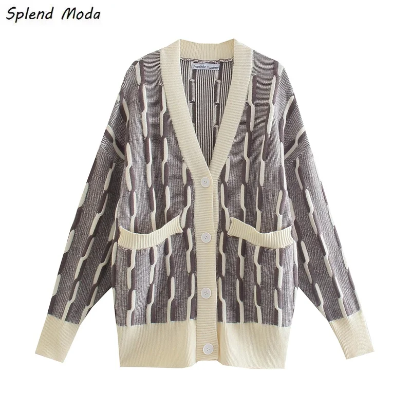 

Splend Moda Vintage Casual College Style V-Neck Knit Cardigan Women Autumn Korean Single Breasted Jacquard Sweater Female