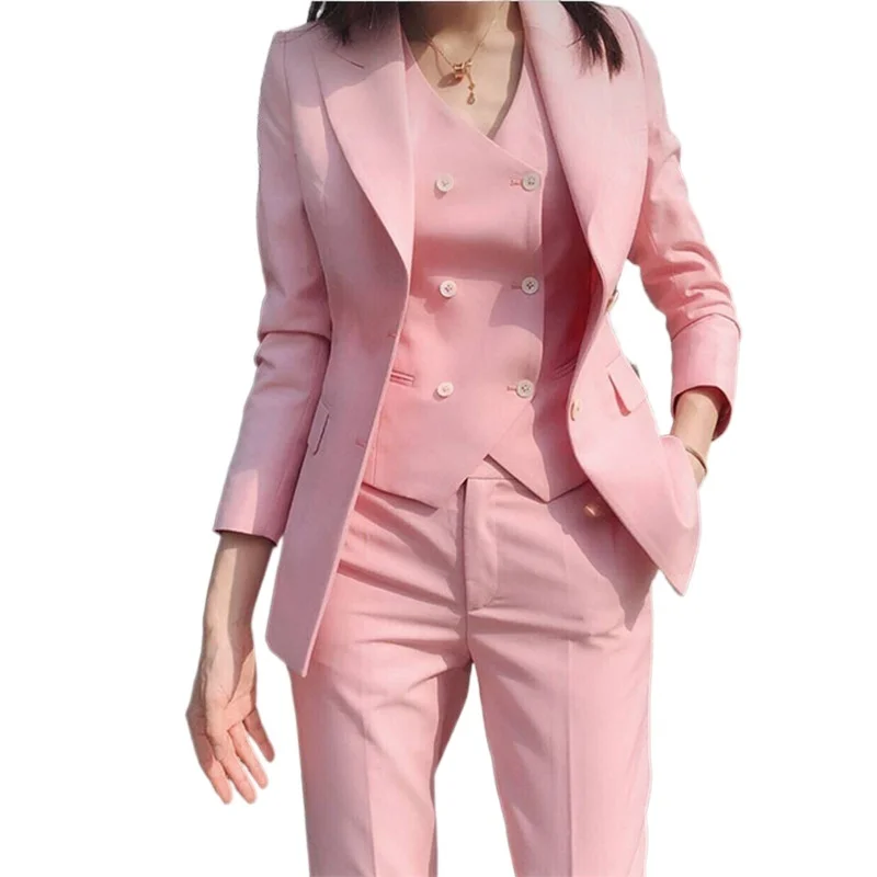 

2022 Fashion New Ladies Business Solid Color Suits Trousers Waistcoat / Woman's Pink Commuter Blazers Jacket Pants Vest Set