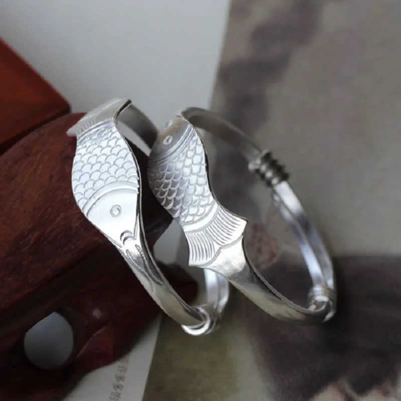 Fish-shaped Baby Adjustable Bracelet 999 Sterling Silver Handmade