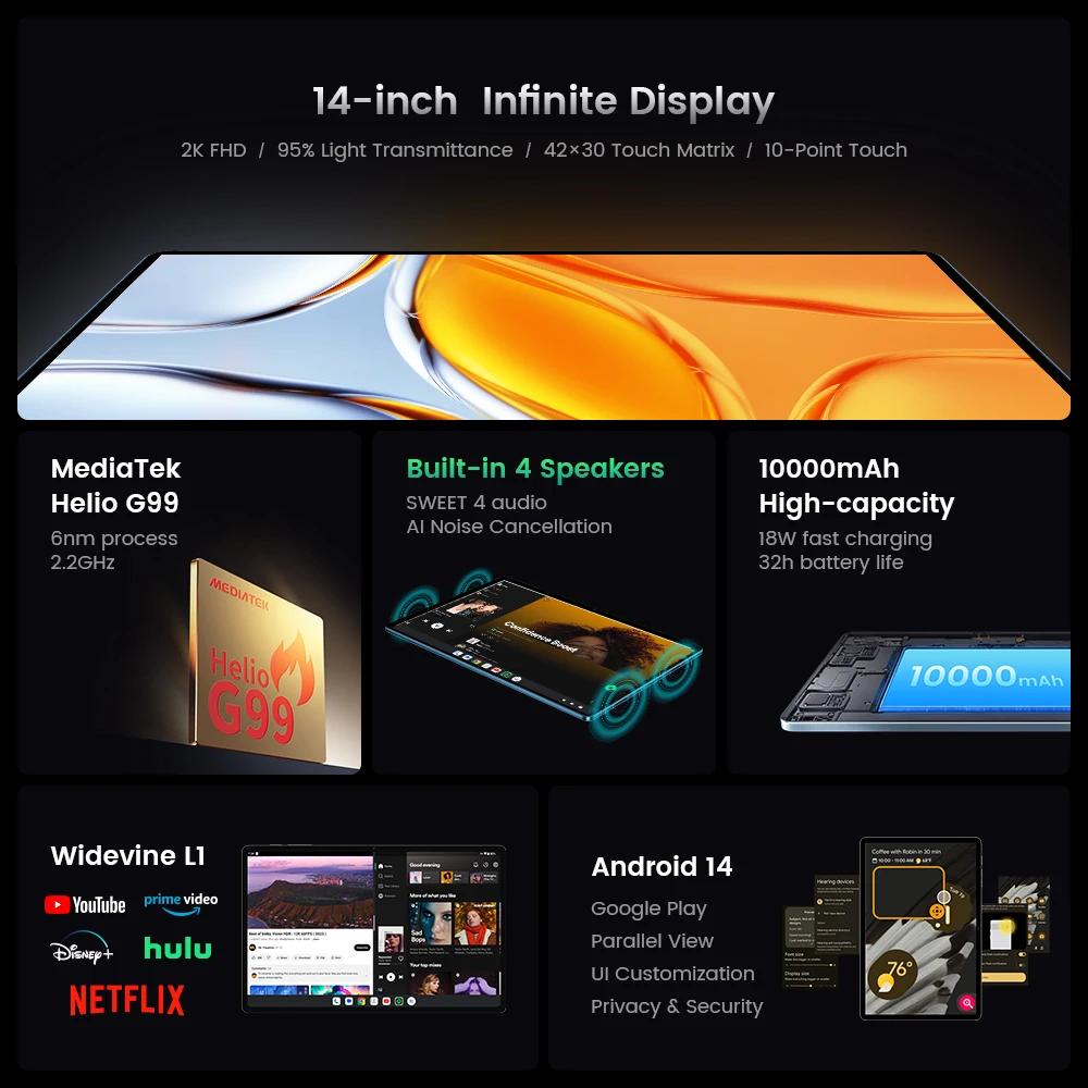 【Мировая премьера】Планшет Teclast T70 с 14-дюймовым дисплеем FHD Android 14 MTK Helio G99 8 ГБ/256 ГБ