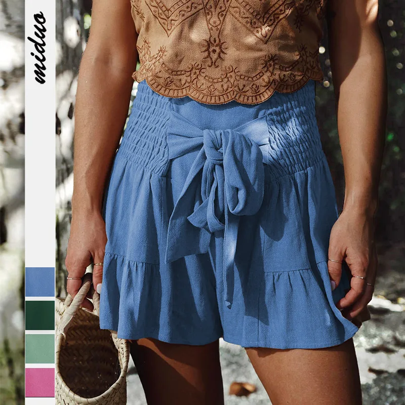 New lace-up ruffled shorts, European and American women's wide-leg cropped pants, draped versatile, casual cotton culottes