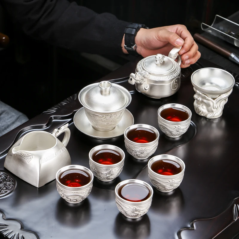 

Light Luxury 999 Sterling Silver Porcelain Silver Gilded Tea Set Office High-End Gift Kung Fu Teapot Tureen Health Tea Cup Set