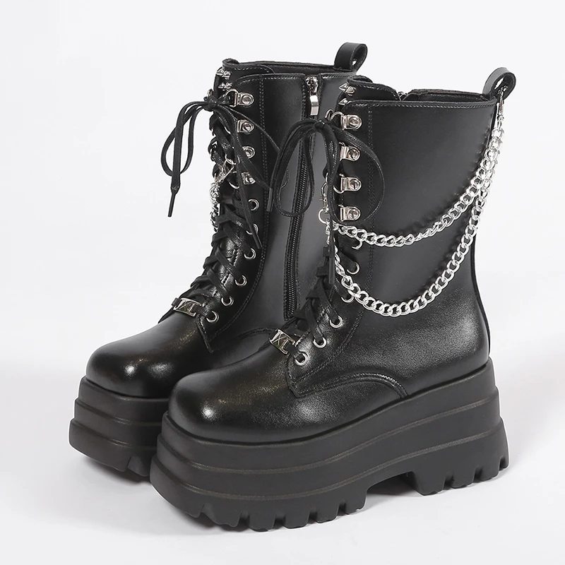 

Punk Gothic Chunky Platform Ankle Boots Women 2023 Autumn Metal Chain Demonia Boots Woman Plus Size 42 Motorcycle Shoes Botas