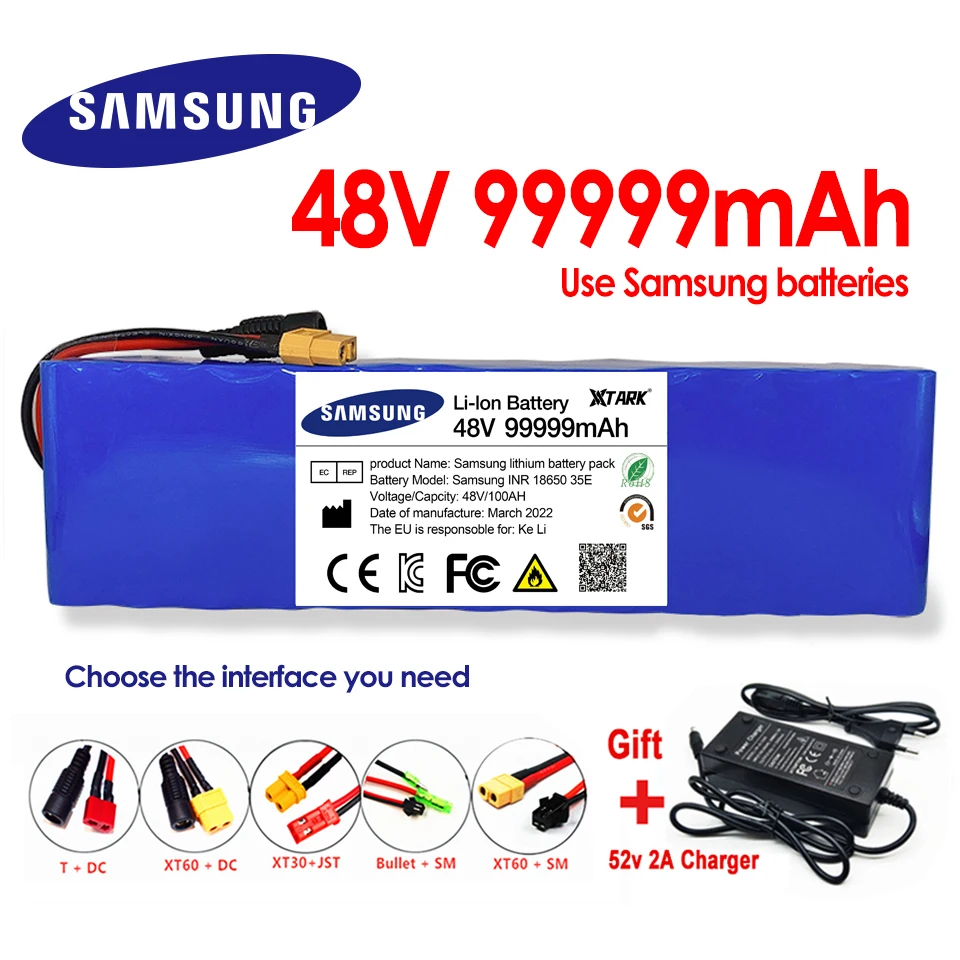 

New 48V 99999mAh 1000w 13S3P XT60 101Ah Li-ion Battery for 54.6V Scooter Electric Bike with BMS Charger