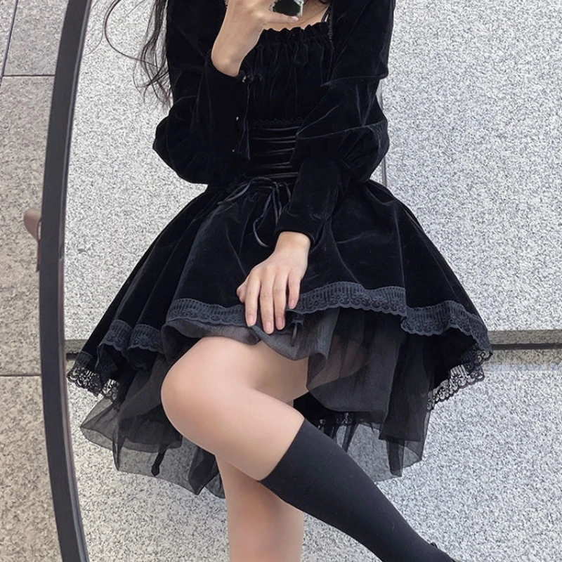 

2022 Spring Black Velvet Y2k Mini Dress Woman Gothic Kawaii Lolita Dress Party Long Sleeve Korean Fashion Dress Lace Design Slim