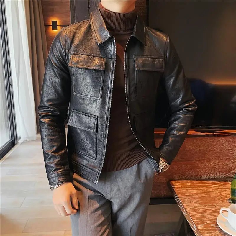 

2022 New Mens Fashion Casual Leather Jacket Slim Fit PU Jacket Male Motorcycle Lapel Diagonal Zipper Jackets Male Q06