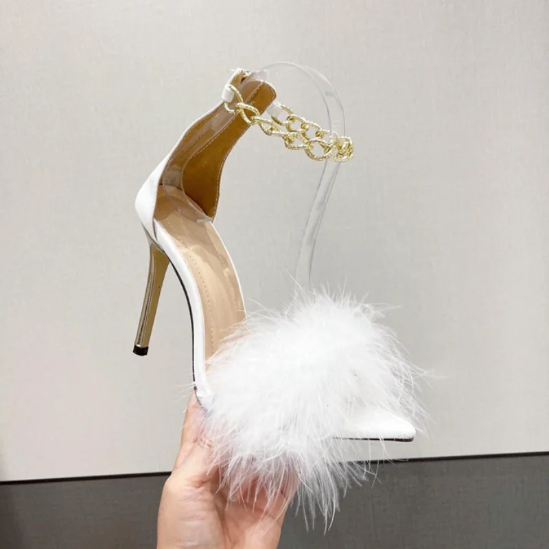 

Maogu Sweet Stiletto High Heels Sandals Womens 2023 Women's Zipper Party PU Shoes Ladies Fashion Trend Faux Fur Summer Footwear
