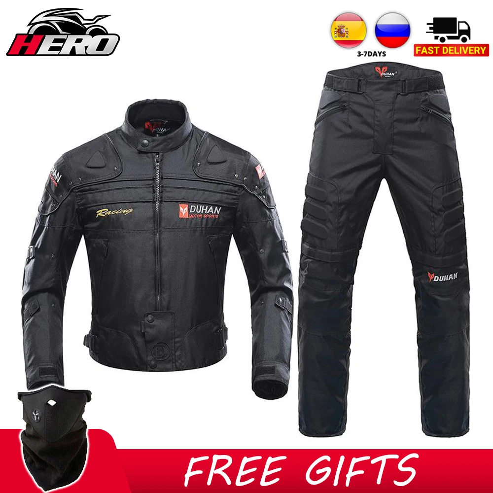DUHAN Motorcycle Jacket Autumn Winter Cold-proof Moto+Protector Motorcycle Pants Moto Suit Touring Clothing Protective Gear Set