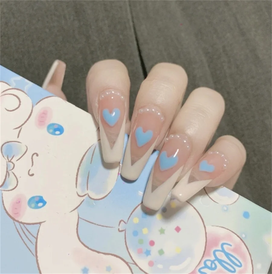 

24Pcs/Box Charming Blue Heart French Nails For Women Simple Pink Ins Style Fake Nails Acrylic Full Tips False press on nail