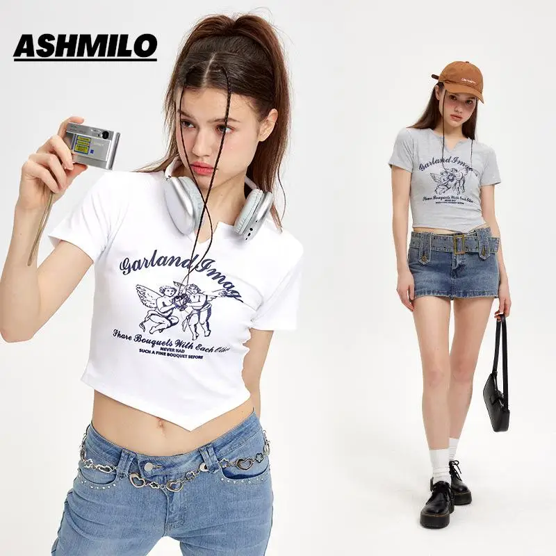 

ASHLIMO 2023 Summer New Short Section Vintage Angel Print Short-sleeved Tops Female Irregular Hem Thin Y2K Aesthetics T-shirt