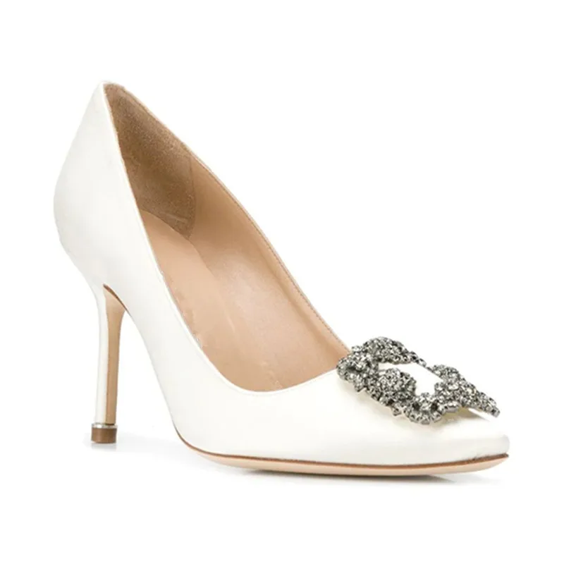 Pointed Women's Single Shoes 2023 Spring/Summer New High Heel Banquet Water Diamond Square Buckle Thin Heel Shallow Mouth Shoes