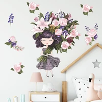 cartoon girl with flowers in her arms wall stickers for kids room nursery wall decals for girls bedroom pvc decorative stickers