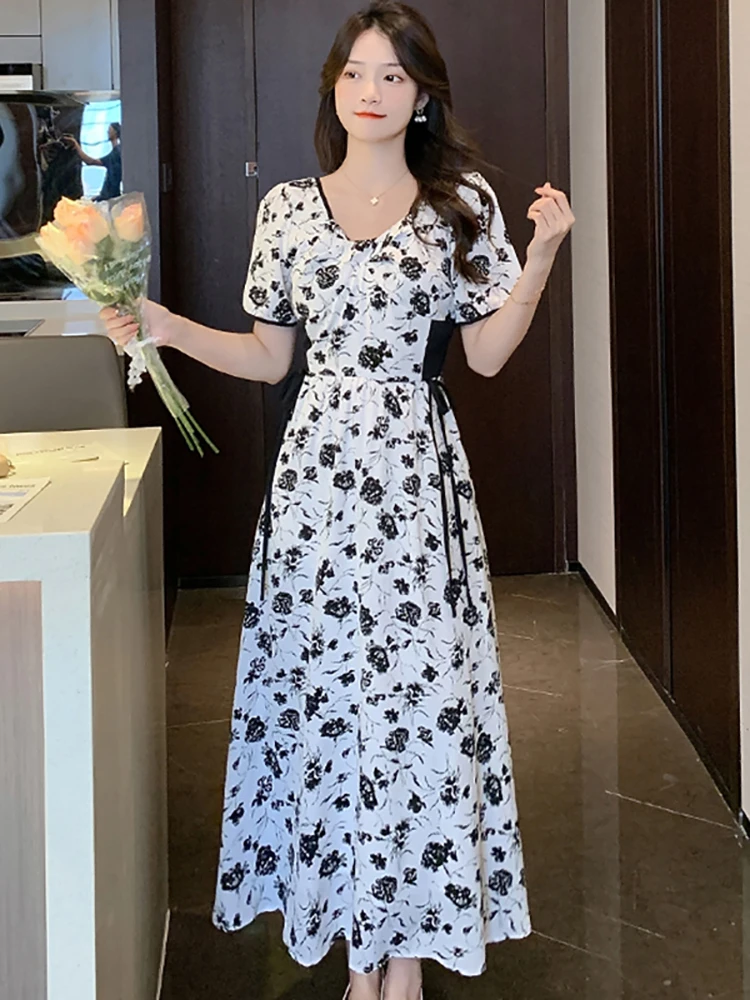 

Летнее белое шикарное роскошное платье макси с цветочным принтом, женские элегантные подходящие Платья с коротким рукавом по запросу 2023, корейское облегающее платье для выпускного вечера
