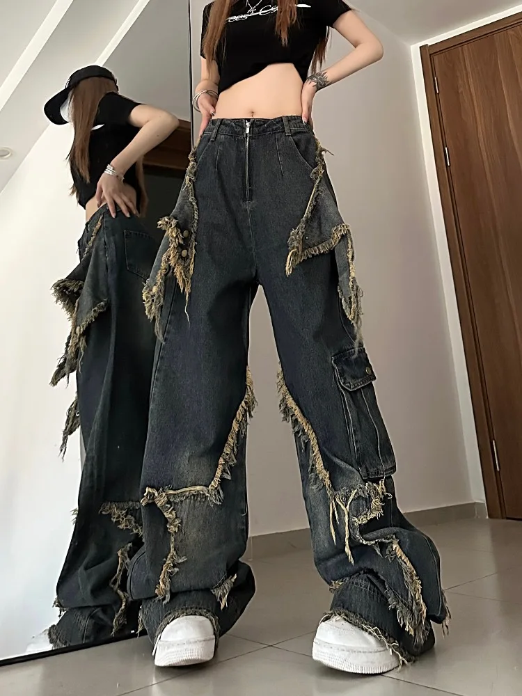 HOUZHOU Vintage Y2k Cargo Jeans Women Grunge Baggy Hippie Wide Denim Trousers High Street Punk Oversized 90s Aesthetic Jeans