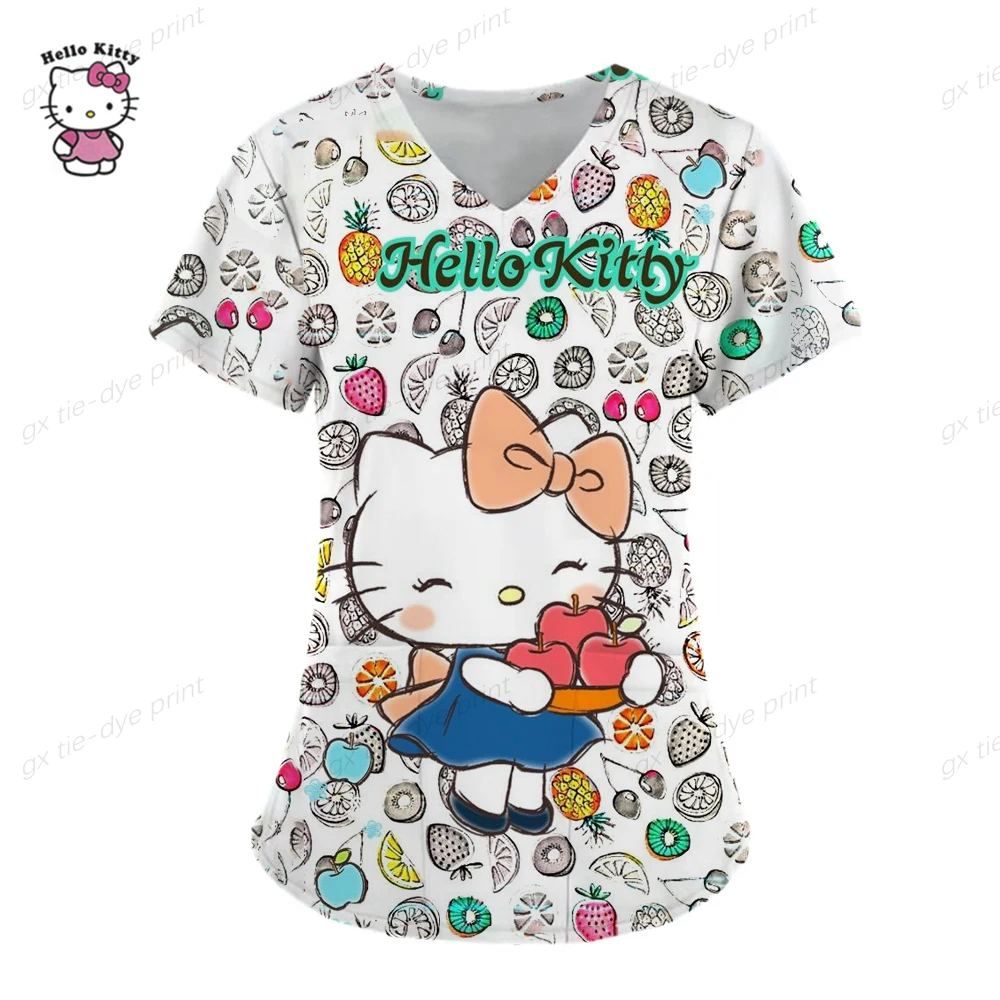 

Women's V-Neck Printed Scrub Top with Pockets Beauty Salon Spa Uniform Short Sleeve BlouseHello Kitty Print Tunic Carer Workwear