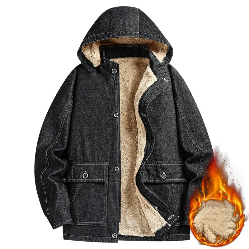 

Мужская уличная куртка из денима, теплая флисовая куртка со съемным капюшоном, повседневная ветрозащитная куртка, пальто размера 5XL для осени и зимы, 2023