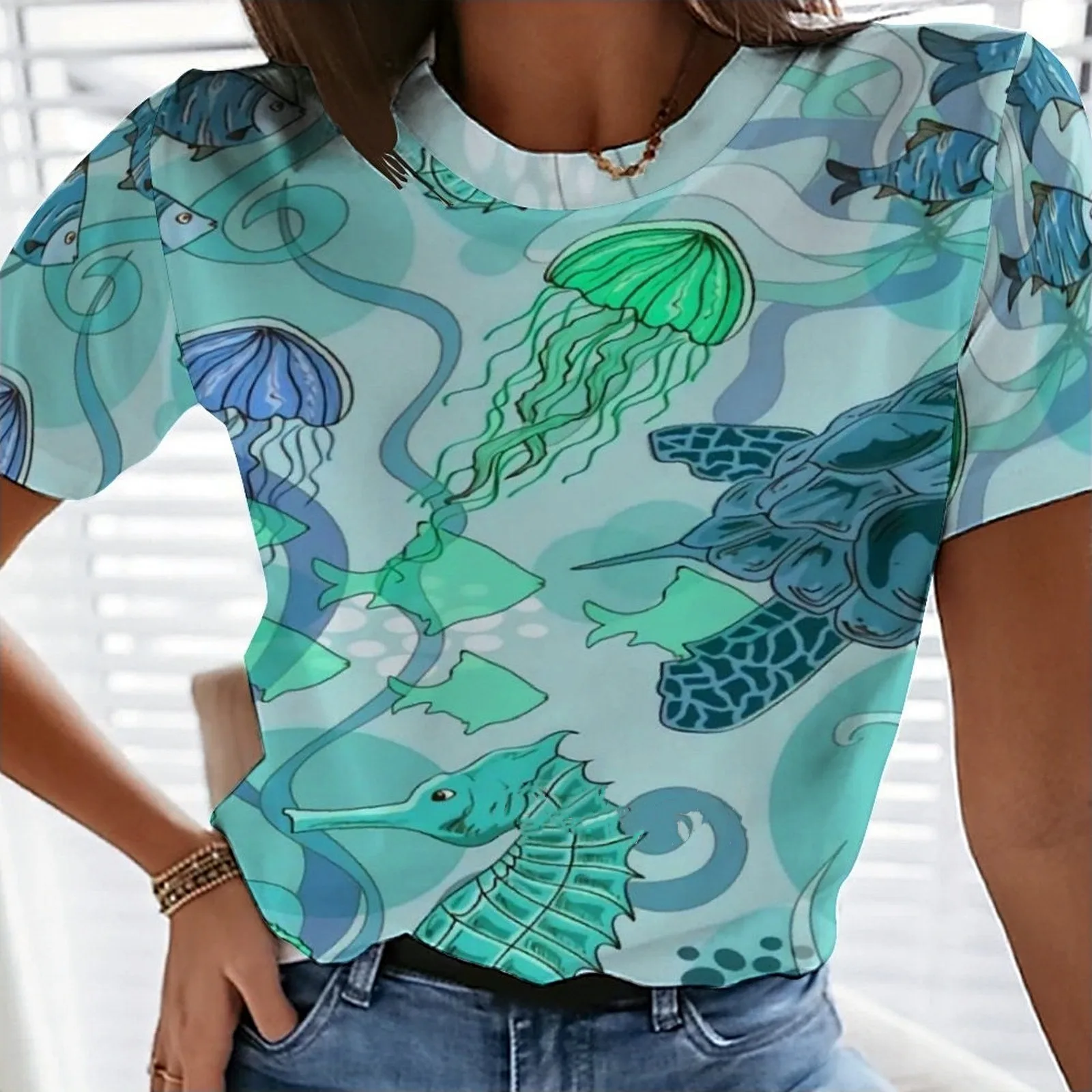 

New Summer Jellyfish Seahorse 3D Printing T-shirt Women's Fashion Found Neck Short-sleeved Casual Loose Harajuku women's T-shirt