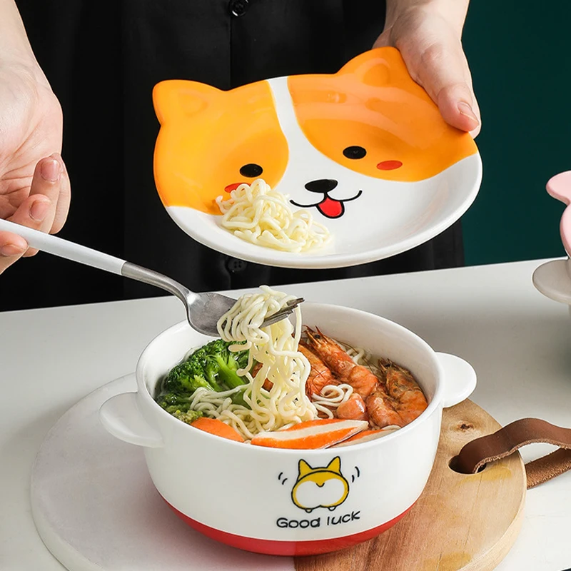 Ceramic Ramen Bowl with Lid Cute Instant Noodle Bowl Salad Rice Bowls Animal Kawaii Baby Bowl Child Cartoon Kitchen Tableware