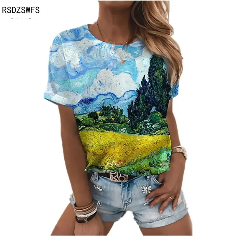 

Harajuku Casual T-shirt Women 3D Oil Painting Flower Print Short Sleeve O-Neck Loose Comfortable T-shirt