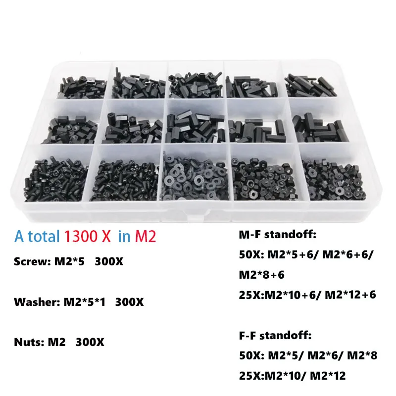 

445-1300X Black Plastic M2 M2.5 M3 M4 Nylon Insulated Hex Standoff Hexagon Pillar Spacer Column Screw Nut Assortment Kit Set