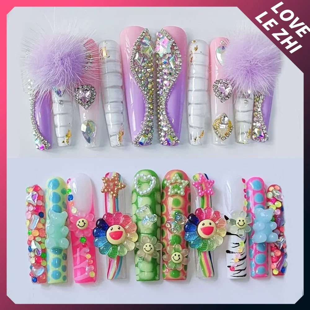 Длинный гроб Ab Diamond Накладные ногти Французский розовый модный звездный полный