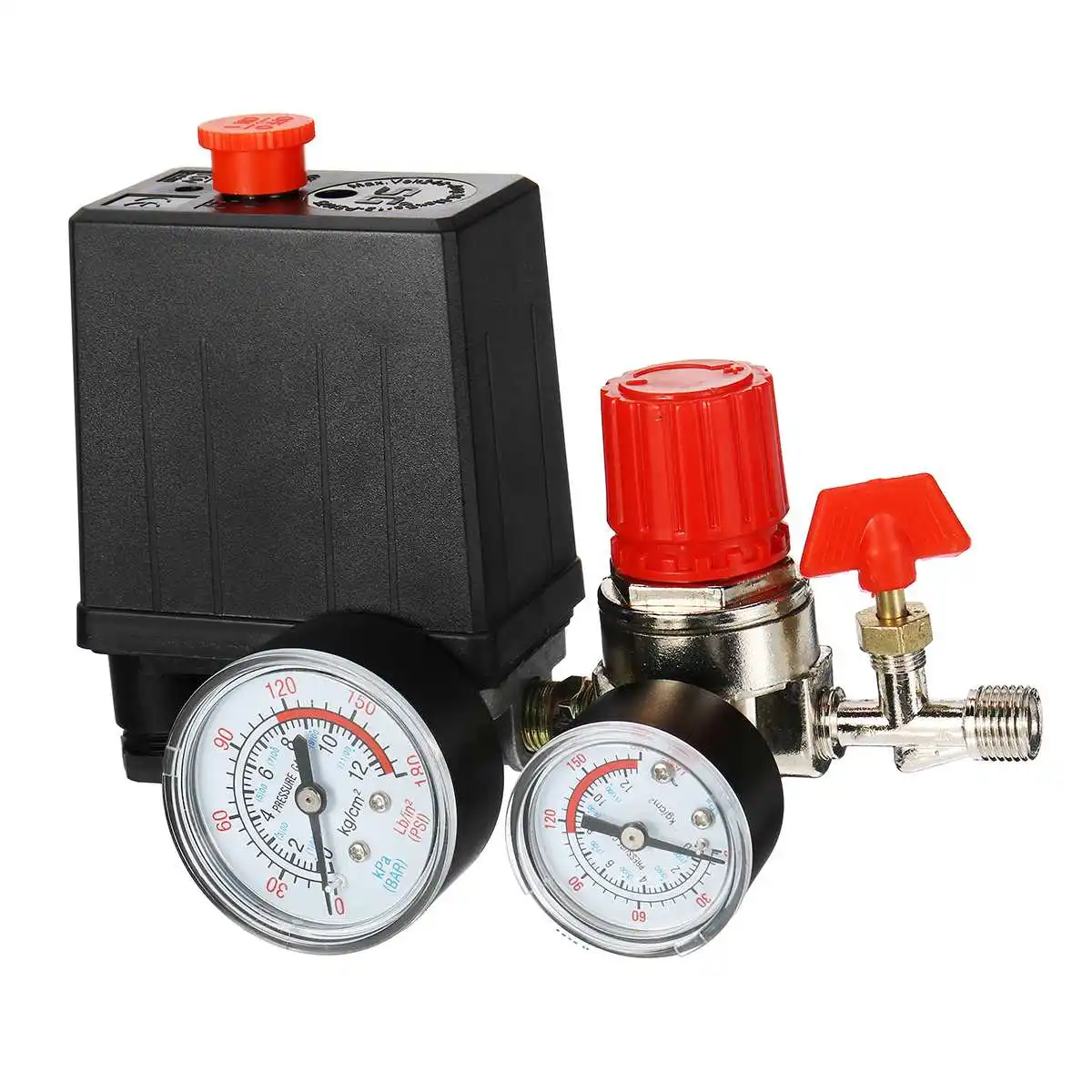 

240V Air Compressor Pump Pressure Control Switch 4 Port Air Pump Control Valve 7.25-125 PSI with Gauge