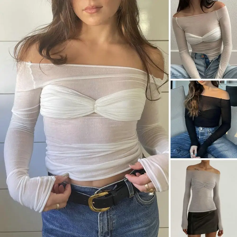 

Pleated Bandeau Long Sleeve Women T-shirt Thin Elastic Slim Fit Sexy Off Shoulder See-through Tee Shirt Daily Clothing y2k traf