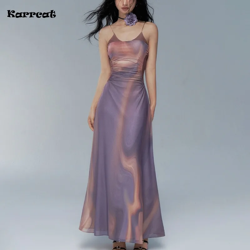 

Karrcat Grunge Aesthetics Tie Dye Dress Vintage Gradient Print Maxi Dress Korean Style Spaghetti Strap Party Dress Prom Festival
