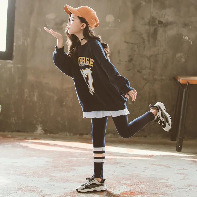 Girls Sweatshirt Sets Spring O-neck Pullover Leggings Two-piece Suit Blue Letter Teens Kids Clothes Tracksuit for Children 12 Y