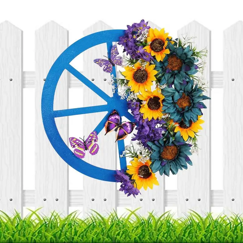 

Floral Wreath 15.7 Inches Outdoor Blue Wheel Garland Decorative Door Wreath with Sunflowers Butterflies Spring Flower Decor for