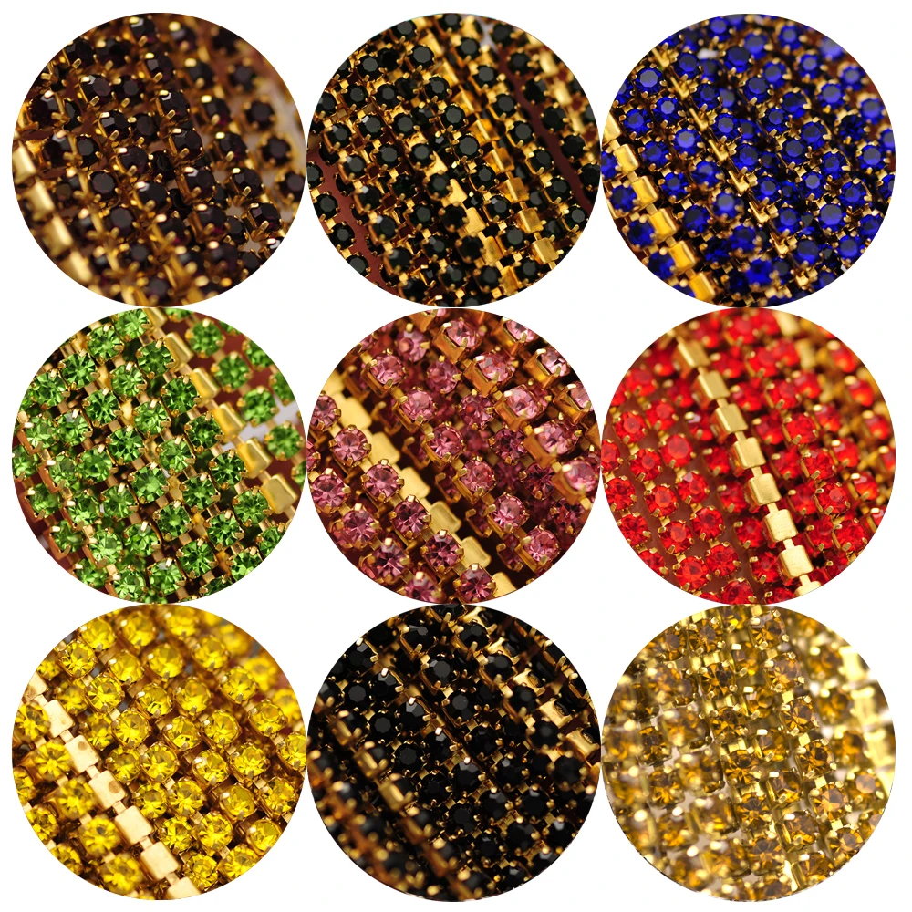 

10m glass crystal Rhinestones chain, Gold bottom sew on Cup Chains For diy Jewelry Sewing Clothes Accessories