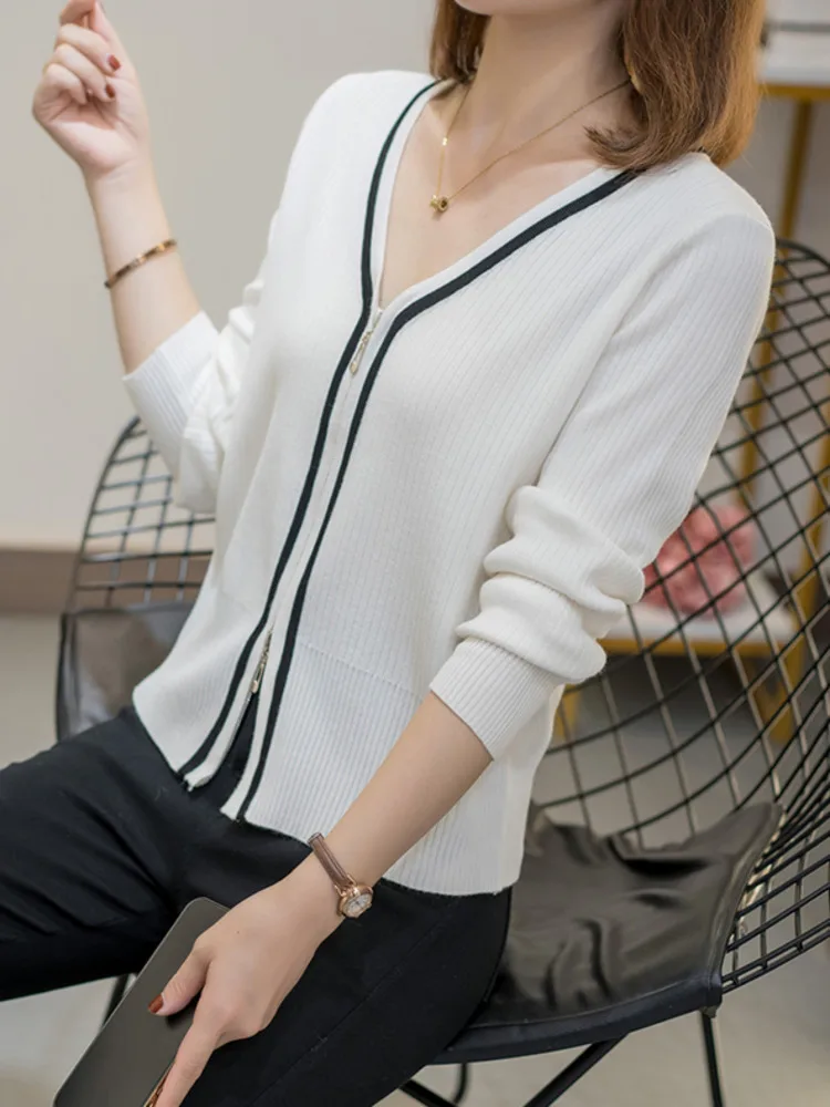 

Осень 2022, большой кардиган на молнии, женский свободный свитер с V-образным вырезом, модные корейские трикотажные пальто ярких цветов, женск...