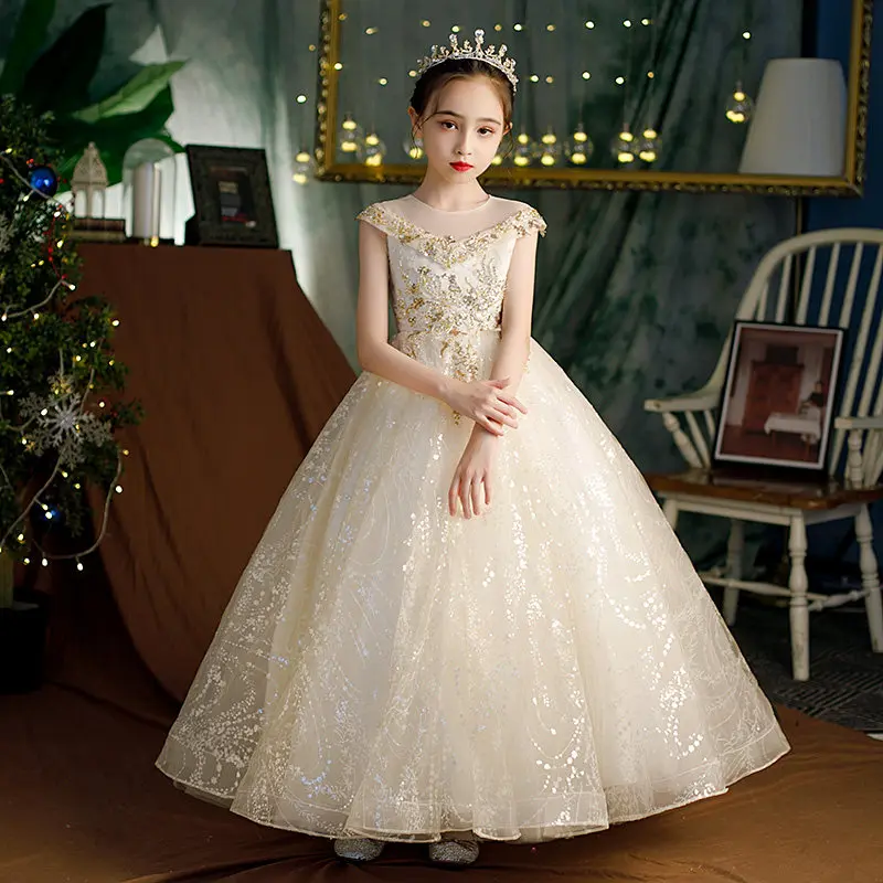 

Sequins Elegant Ball Gown Short Sleeves Pleat Floor-Length O-Neck Kids Party Communion Dresses Girl Dresses For Weddings A2270